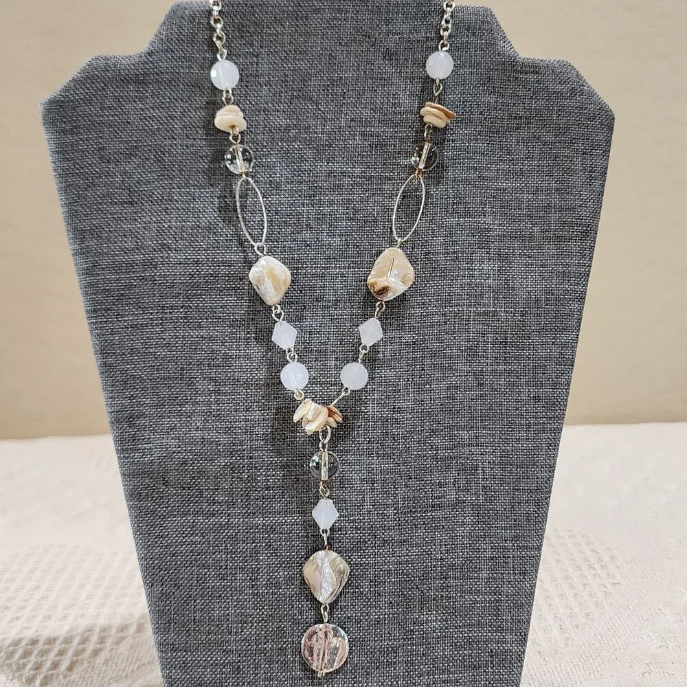 Abalone Shell Clear Glass Bead and White Bead Y Lariat Style Gold Necklace